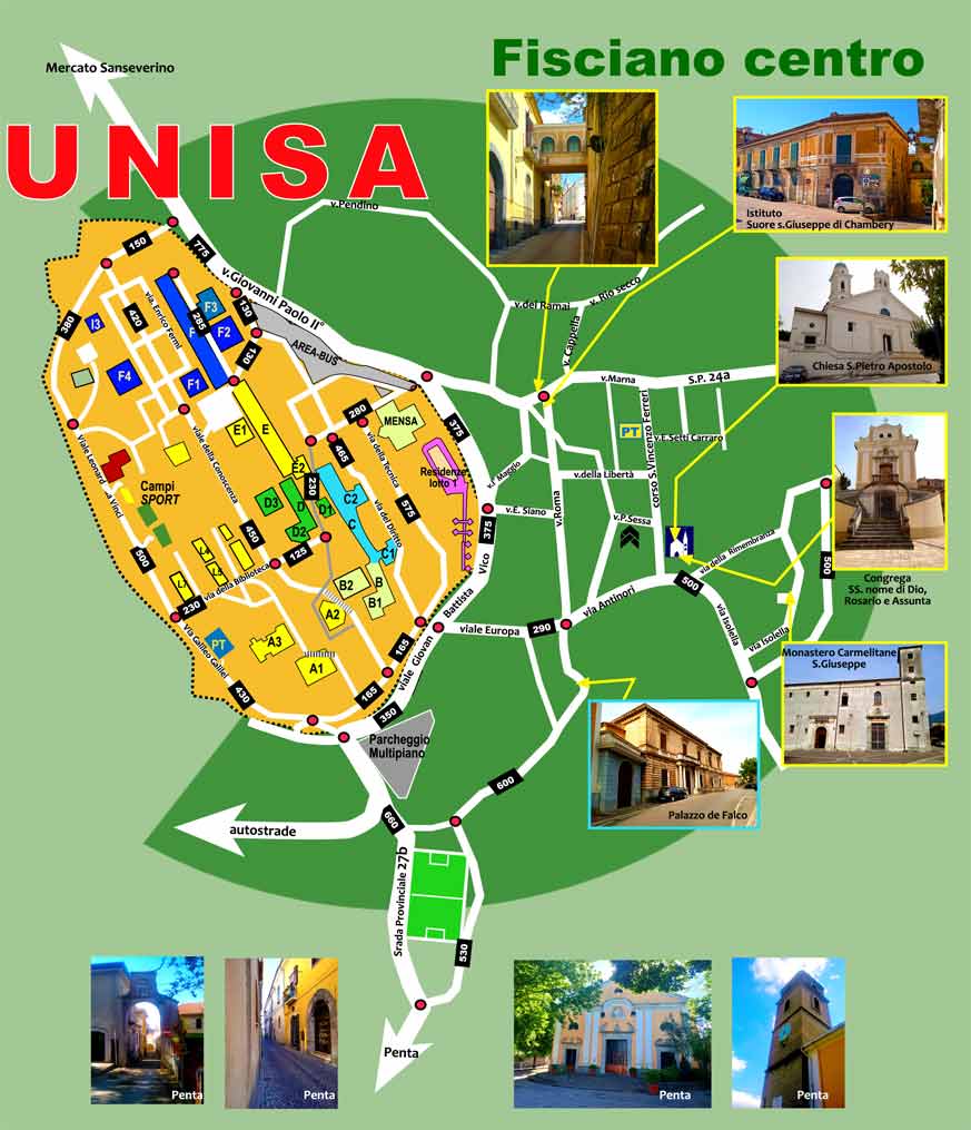 focus sulla mappa del campus UNISA di Fisciano e su Fisciano centro città